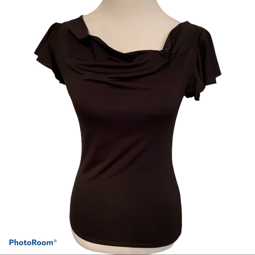 CACHE TOP BLACK DRAPE NECK FLUTTER SLEEVE SIZE XS